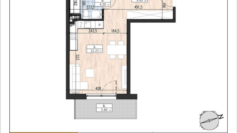 Rzut - Mieszkanie na sprzedaż 3 pokoje o powierzchni 57,68 m² - numer B1/1/1 w ACCANTO