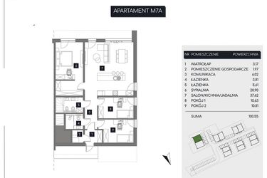 Rzut - Mieszkanie na sprzedaż 3 pokoje o powierzchni 100,55 m² - numer M7A w Rudava Park