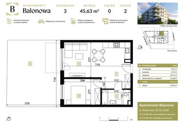 Rzut - Mieszkanie na sprzedaż 2 pokoje o powierzchni 45,63 m² - numer 3 w Apartamenty Balonowa