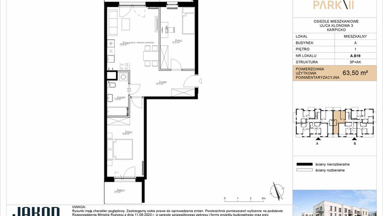 Rzut - Mieszkanie na sprzedaż 3 pokoje o powierzchni 63,5 m² - numer A.B19 w Merano Park II