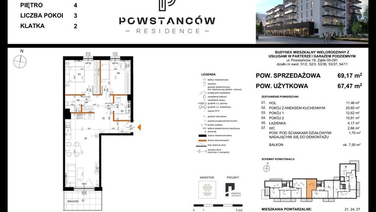 Rzut - Mieszkanie na sprzedaż 3 pokoje o powierzchni 67,47 m² - numer 30 w Powstańców Residence