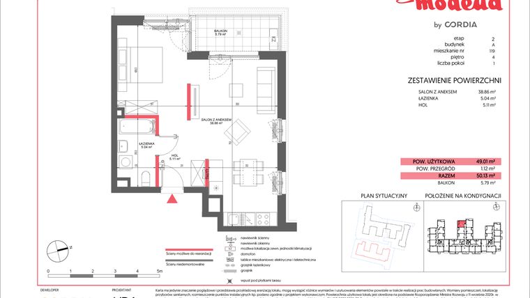 Rzut - Mieszkanie na sprzedaż 1 pokój o powierzchni 49,01 m² - numer A.119 w Modena II