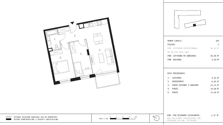 Rzut - Mieszkanie na sprzedaż 3 pokoje o powierzchni 55,95 m² - numer I7.1 w Myśliborska III etap