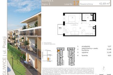 Rzut - Mieszkanie na sprzedaż 2 pokoje o powierzchni 42,69 m² - numer A.17 w Poezji