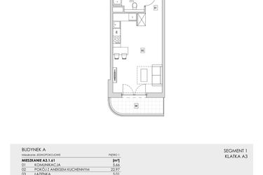 Rzut - Mieszkanie na sprzedaż 1 pokój o powierzchni 33,64 m² - numer A3.1.61 w Zakole Wisły