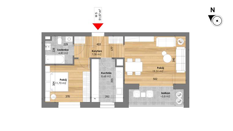 Rzut - Mieszkanie na sprzedaż 2 pokoje o powierzchni 51,57 m² - numer M5 w Przy Kochanowskiego