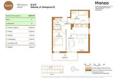 Rzut - Mieszkanie na sprzedaż 3 pokoje o powierzchni 54,71 m² - numer D5-P w Fauna
