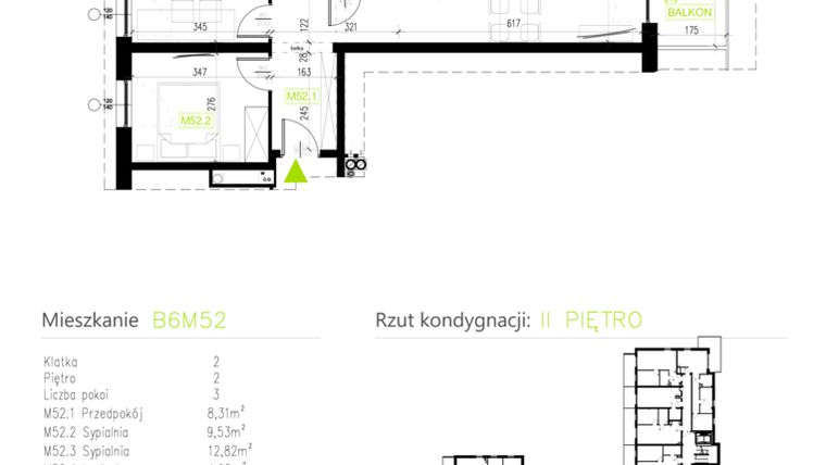 Rzut - Mieszkanie na sprzedaż 3 pokoje o powierzchni 56,01 m² - numer B6M52 w Osiedle Natura Park etap II