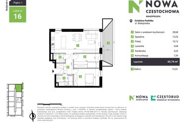 Rzut - Mieszkanie na sprzedaż 3 pokoje o powierzchni 65,74 m² - numer A16 w Nowa Częstochowa Małopolska