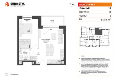Rzut - Mieszkanie na sprzedaż 2 pokoje o powierzchni 38,84 m² - numer D.13 w Osiedle Warszawska etap II