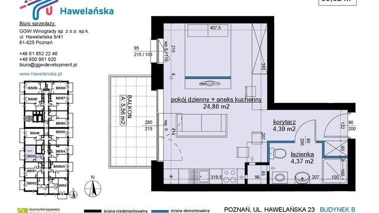 Rzut - Mieszkanie na sprzedaż 1 pokój o powierzchni 33,62 m² - numer B/5/50 w Osiedle Hawelańska etap III - bud. B
