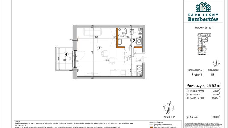 Rzut - Mieszkanie na sprzedaż 1 pokój o powierzchni 25,52 m² - numer J2-15 w Park Leśny Rembertów etap VIII