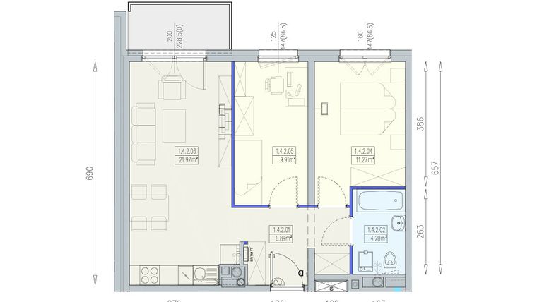 Rzut - Mieszkanie na sprzedaż 3 pokoje o powierzchni 54,24 m² - numer K1 1/4/2/3a w Południk 17 - budynek K1