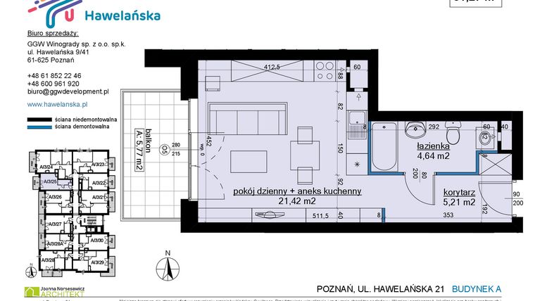 Rzut - Mieszkanie na sprzedaż 1 pokój o powierzchni 31,3 m² - numer A/3/25 w Osiedle Hawelańska etap III - bud. A
