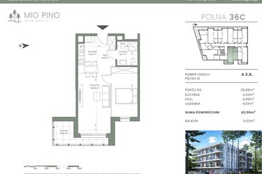 Rzut - Mieszkanie na sprzedaż 2 pokoje o powierzchni 42 m² - numer 3.8 w Mio Pino