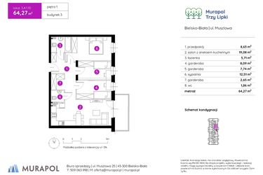 Rzut - Mieszkanie na sprzedaż 2 pokoje o powierzchni 64,35 m² - numer 3.A.1.10 w Murapol Trzy Lipki etap II