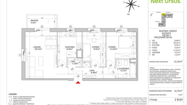 Rzut - Mieszkanie na sprzedaż 3 pokoje o powierzchni 61,92 m² - numer 2 B 64 Energy w Next Ursus- etap VIII