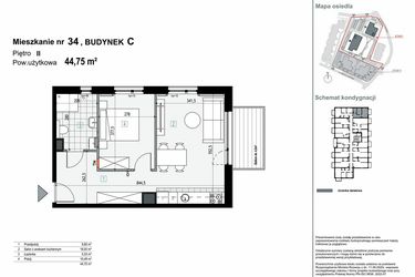 Rzut - Mieszkanie na sprzedaż 2 pokoje o powierzchni 44,75 m² - numer C.M34 w Apartamenty Kopernika