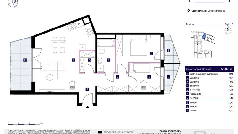 Rzut - Mieszkanie na sprzedaż 3 pokoje o powierzchni 65,87 m² - numer 15/16 w Osiedle Neonowe