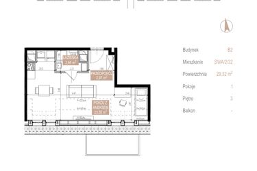 Rzut - Mieszkanie na sprzedaż 1 pokój o powierzchni 29,32 m² - numer SWA/2/32/F w Apartamenty Świeradowska