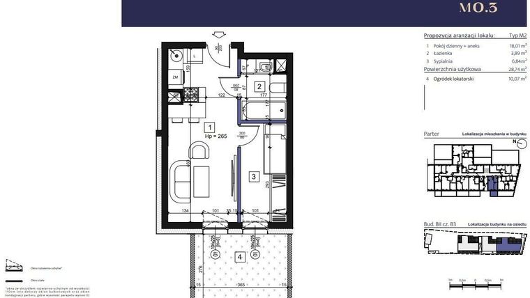 Rzut - Mieszkanie na sprzedaż 2 pokoje o powierzchni 28,74 m² - numer B3 – M0.3 w Primacasa