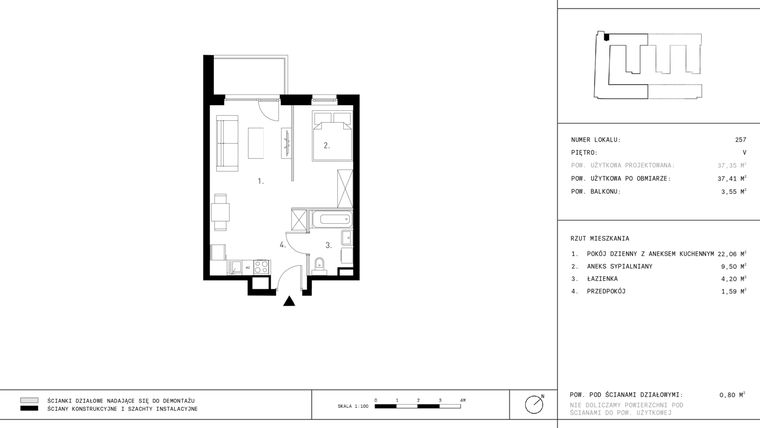 Rzut - Mieszkanie na sprzedaż 1 pokój o powierzchni 37,41 m² - numer 5.A26-257 w Jurowiecka 22