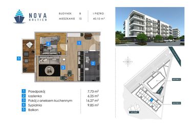 Rzut - Mieszkanie na sprzedaż 2 pokoje o powierzchni 40,1 m² - numer B15 w Nova Baltica Mieszkania Kołobrzeg