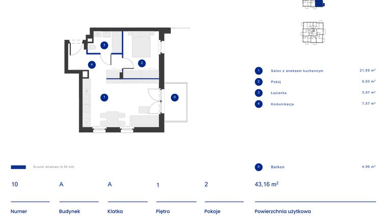 Rzut - Mieszkanie na sprzedaż 2 pokoje o powierzchni 43,16 m² - numer A.10 w Osiedle Inverso