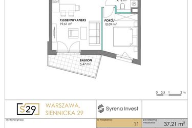Rzut - Mieszkanie na sprzedaż 2 pokoje o powierzchni 37,21 m² - numer 11 w Siennicka 29