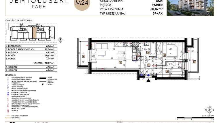 Rzut - Mieszkanie na sprzedaż 3 pokoje o powierzchni 50,87 m² - numer A2_M24 w Jemiołuszki Park etap 2