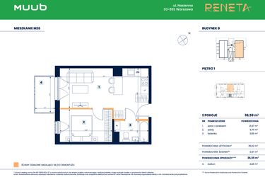 Rzut - Mieszkanie na sprzedaż 2 pokoje o powierzchni 36,59 m² - numer M26 w Reneta