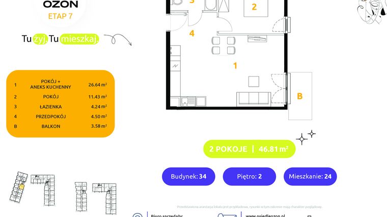 Rzut - Mieszkanie na sprzedaż 2 pokoje o powierzchni 46,81 m² - numer 34.24 w Osiedle Ozon etap VII