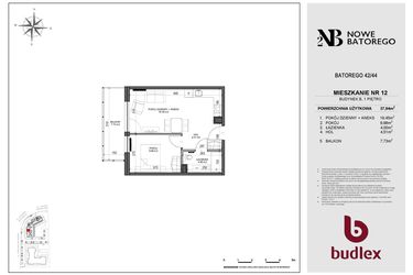 Rzut - Mieszkanie na sprzedaż 2 pokoje o powierzchni 37,94 m² - numer B12 w Nowe Batorego 2