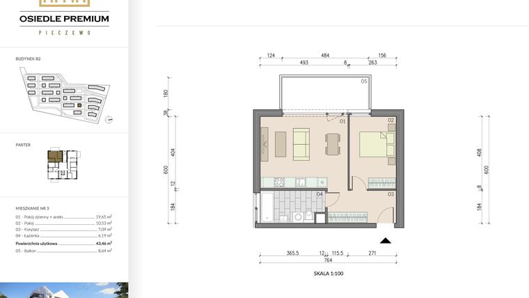 Rzut - Mieszkanie na sprzedaż 2 pokoje o powierzchni 43,46 m² - numer B2.3 w Osiedle Premium etap IV