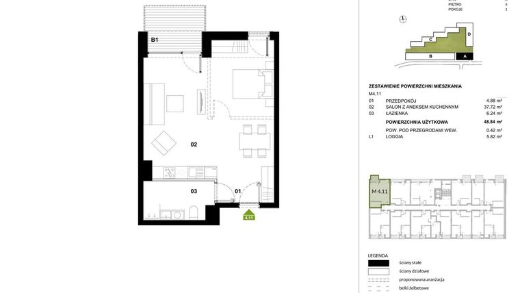 Rzut - Mieszkanie na sprzedaż 1 pokój o powierzchni 49,26 m² - numer A.4.11 w Kozielska Park