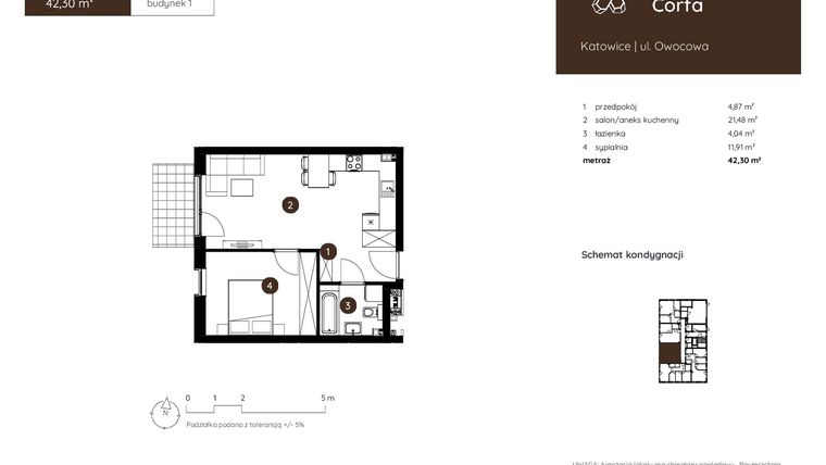 Rzut - Mieszkanie na sprzedaż 2 pokoje o powierzchni 42,3 m² - numer 1.A.0.03 w Murapol Corfa