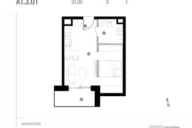 Rzut - Mieszkanie na sprzedaż 1 pokój o powierzchni 31,35 m² - numer A1.3.01 w Belg Apartamenty etap II