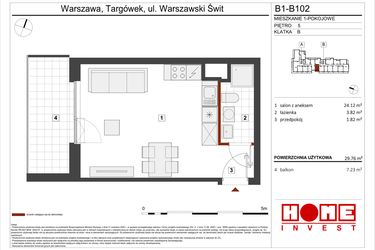 Rzut - Mieszkanie na sprzedaż 1 pokój o powierzchni 29,76 m² - numer B1-B102 w Warszawski Świt etap VIII