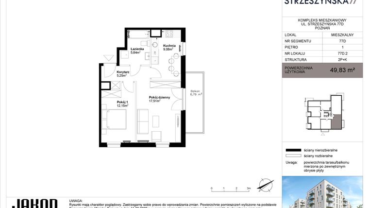 Rzut - Mieszkanie na sprzedaż 2 pokoje o powierzchni 49,83 m² - numer 77D.2 w Strzeszyńska 77