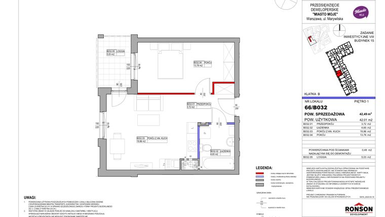 Rzut - Mieszkanie na sprzedaż 2 pokoje o powierzchni 42,49 m² - numer 15_B032 w Miasto Moje 8