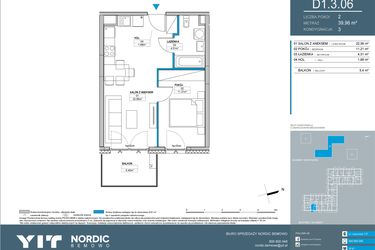 Rzut - Mieszkanie na sprzedaż 2 pokoje o powierzchni 39,96 m² - numer D1.3.06 w Nordic Bemowo - etap IV