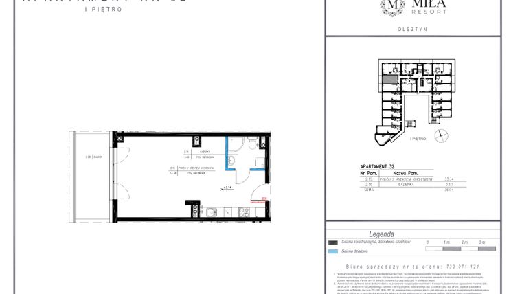 Rzut - Mieszkanie na sprzedaż 1 pokój o powierzchni 36,94 m² - numer 32 w Miła Resort
