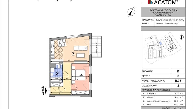 Rzut - Mieszkanie na sprzedaż 2 pokoje o powierzchni 48,21 m² - numer B33 w Daszyńskiego Park