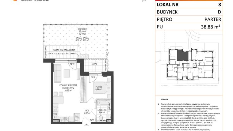 Rzut - Mieszkanie na sprzedaż 2 pokoje o powierzchni 38,88 m² - numer D.8 w Osiedle Warszawska etap II
