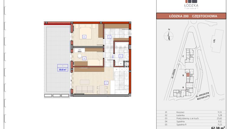 Rzut - Mieszkanie na sprzedaż 3 pokoje o powierzchni 62,7 m² - numer B.M.03 w Łódzka Osiedle