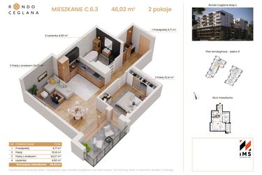 Rzut - Mieszkanie na sprzedaż 2 pokoje o powierzchni 45,98 m² - numer C.6.3 w Rondo Ceglana etap II