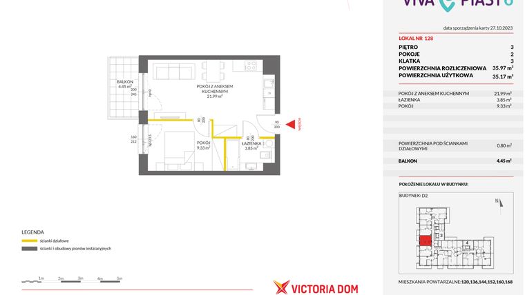 Rzut - Mieszkanie na sprzedaż 2 pokoje o powierzchni 35,98 m² - numer 128 w Viva Piast 6