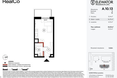 Rzut - Mieszkanie na sprzedaż 1 pokój o powierzchni 26,02 m² - numer A.10.13 w Elewator - Mieszkania i Lofty