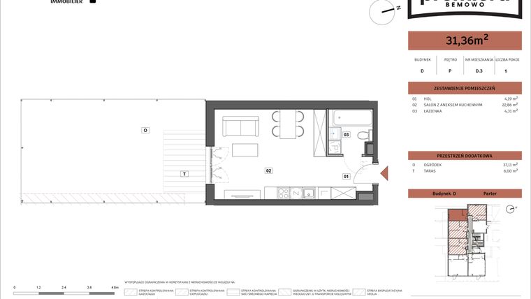 Rzut - Mieszkanie na sprzedaż 1 pokój o powierzchni 31,36 m² - numer D.03 w Premiera Bemowo