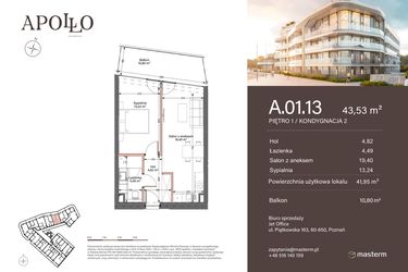 Rzut - Mieszkanie na sprzedaż 2 pokoje o powierzchni 43,53 m² - numer A.1.13 w Apollo Residence